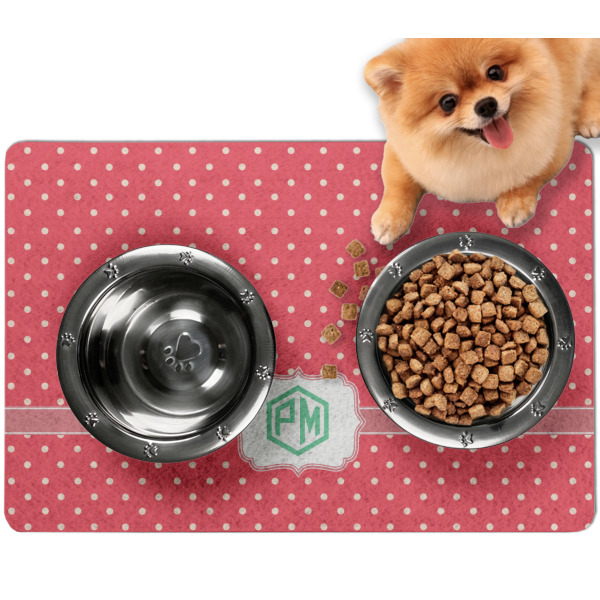Custom Pink & Orange Chevron Dog Food Mat - Small w/ Monogram