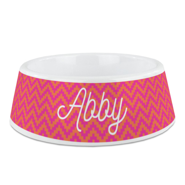 Custom Pink & Orange Chevron Plastic Dog Bowl (Personalized)