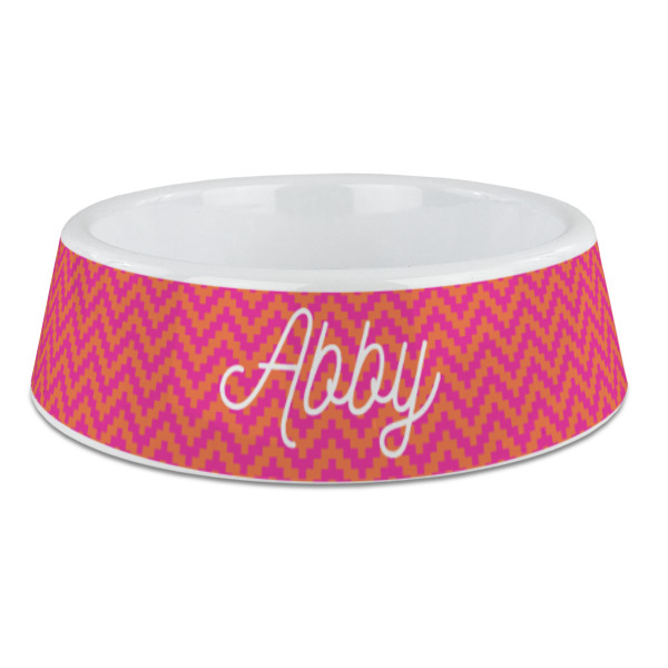 Custom Pink & Orange Chevron Plastic Dog Bowl - Large (Personalized)