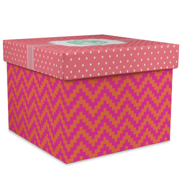 Custom Pink & Orange Chevron Gift Box with Lid - Canvas Wrapped - XX-Large (Personalized)