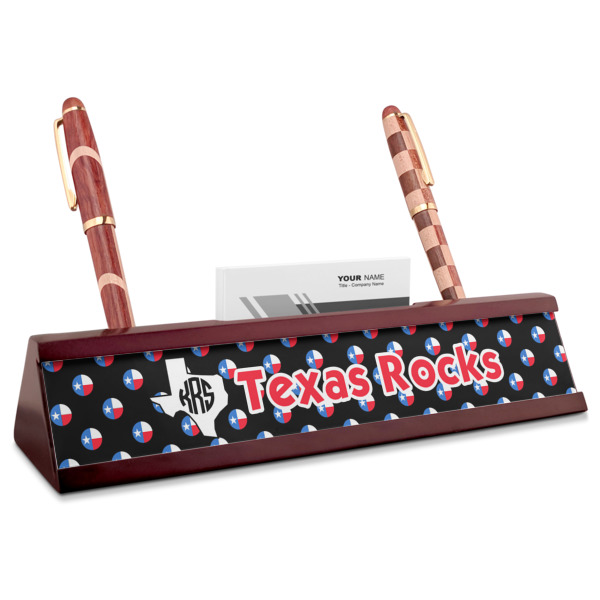 Custom Texas Polka Dots Red Mahogany Nameplate with Business Card Holder (Personalized)