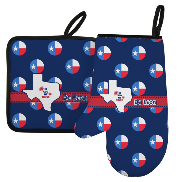 Custom Texas Polka Dots Left Oven Mitt & Pot Holder Set w/ Monogram