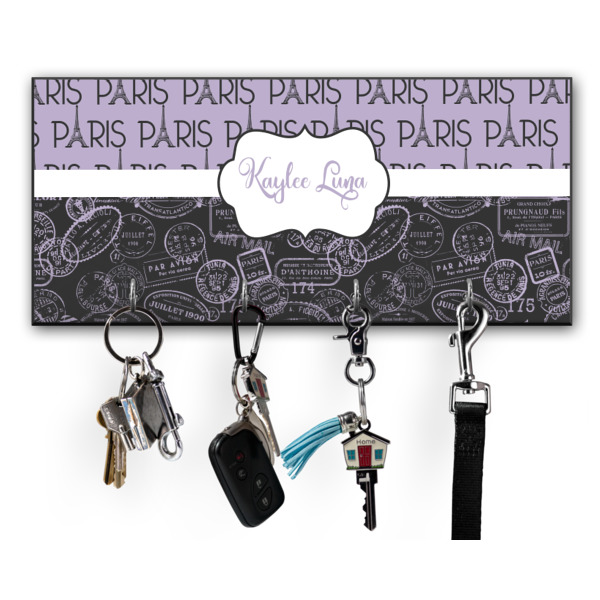 Custom Paris Bonjour and Eiffel Tower Key Hanger w/ 4 Hooks w/ Name or Text