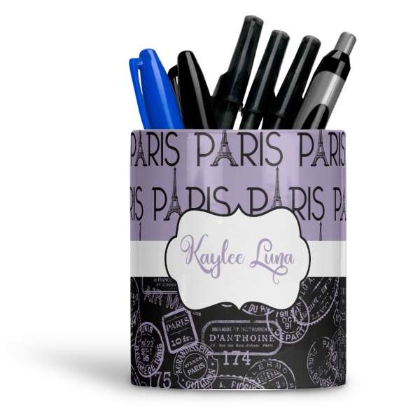 Custom Paris Bonjour and Eiffel Tower Ceramic Pen Holder