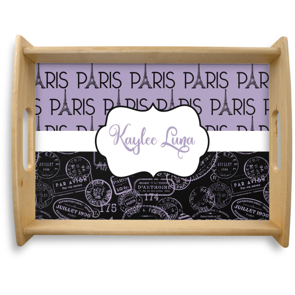 Custom Paris Bonjour and Eiffel Tower Natural Wooden Tray - Large (Personalized)