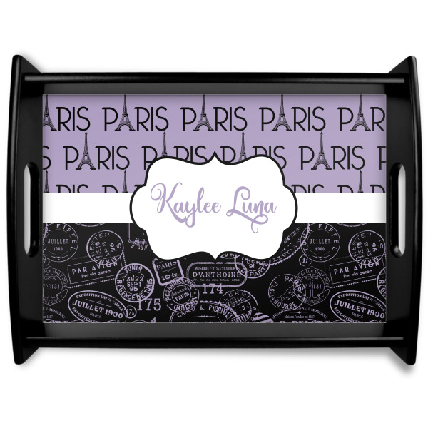 Custom Paris Bonjour and Eiffel Tower Black Wooden Tray - Large (Personalized)