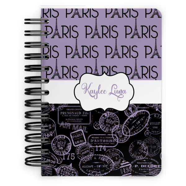 Custom Paris Bonjour and Eiffel Tower Spiral Notebook - 5x7 w/ Name or Text