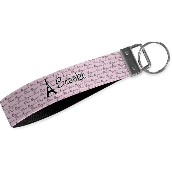 Custom Paris Bonjour and Eiffel Tower Wristlet Webbing Keychain Fob (Personalized)