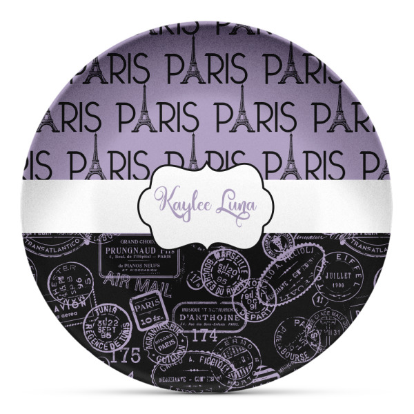 Custom Paris Bonjour and Eiffel Tower Microwave Safe Plastic Plate - Composite Polymer (Personalized)