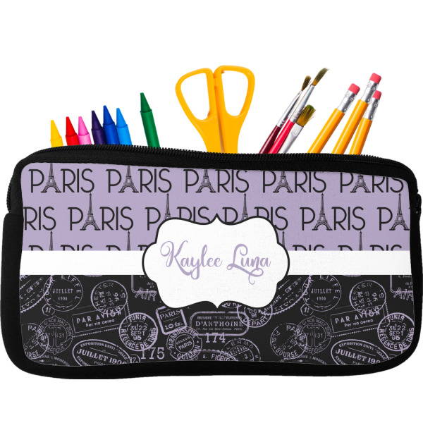 Custom Paris Bonjour and Eiffel Tower Neoprene Pencil Case (Personalized)