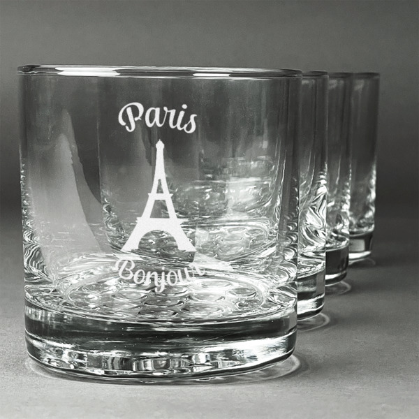 Custom Paris Bonjour and Eiffel Tower Whiskey Glasses (Set of 4) (Personalized)