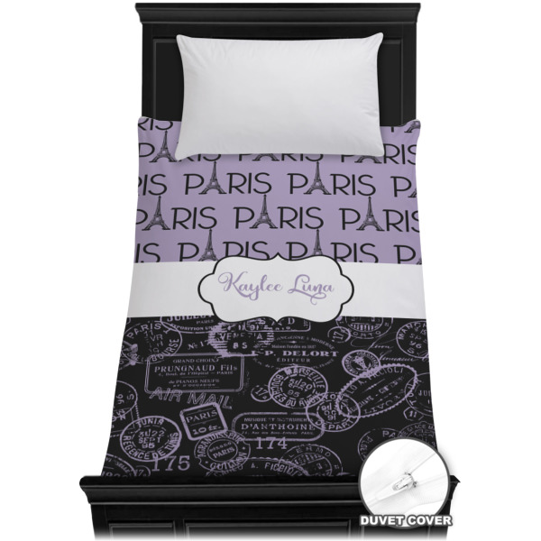 Custom Paris Bonjour and Eiffel Tower Duvet Cover - Twin XL (Personalized)