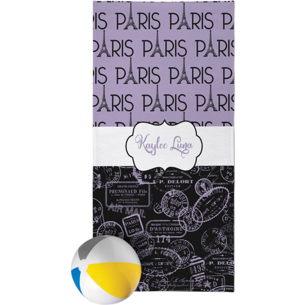 Custom Paris Bonjour and Eiffel Tower Beach Towel (Personalized)