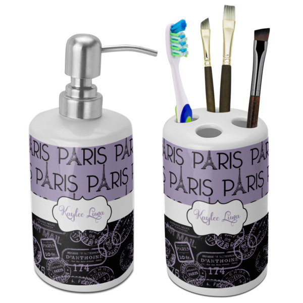 Custom Paris Bonjour and Eiffel Tower Ceramic Bathroom Accessories Set (Personalized)