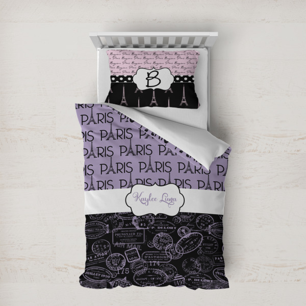 Custom Paris Bonjour and Eiffel Tower Duvet Cover Set - Twin XL (Personalized)