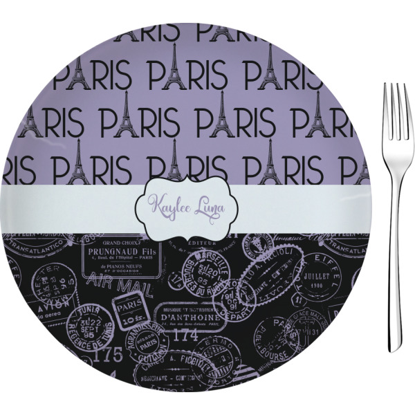Custom Paris Bonjour and Eiffel Tower 8" Glass Appetizer / Dessert Plates - Single or Set (Personalized)