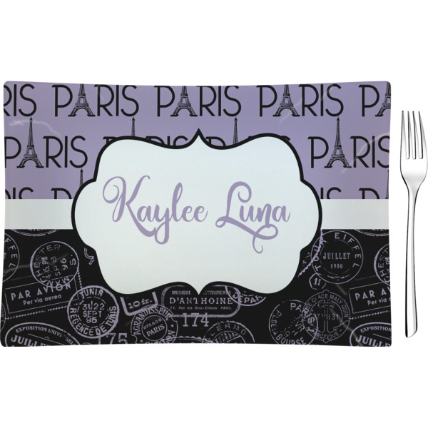 Custom Paris Bonjour and Eiffel Tower Rectangular Glass Appetizer / Dessert Plate - Single or Set (Personalized)