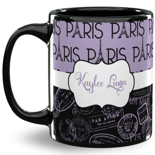 Custom Paris Bonjour and Eiffel Tower 11 Oz Coffee Mug - Black (Personalized)