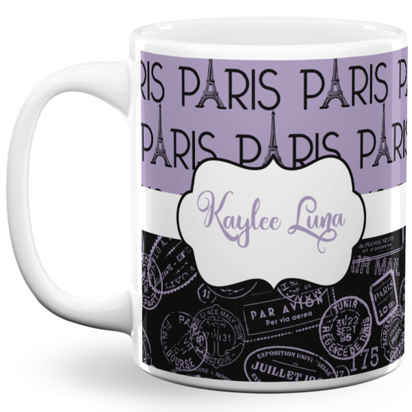 Custom Paris Bonjour and Eiffel Tower 11 Oz Coffee Mug - White (Personalized)
