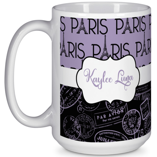 Custom Paris Bonjour and Eiffel Tower 15 Oz Coffee Mug - White (Personalized)