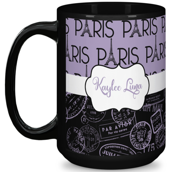 Custom Paris Bonjour and Eiffel Tower 15 Oz Coffee Mug - Black (Personalized)