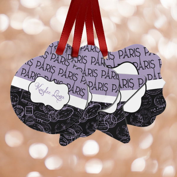 Custom Paris Bonjour and Eiffel Tower Metal Ornaments - Double Sided w/ Name or Text