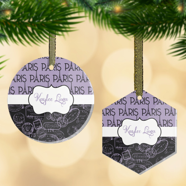 Custom Paris Bonjour and Eiffel Tower Flat Glass Ornament w/ Name or Text