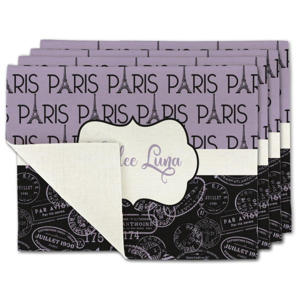 Custom Paris Bonjour and Eiffel Tower Single-Sided Linen Placemat - Set of 4 w/ Name or Text