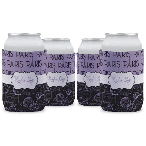 Custom Paris Bonjour and Eiffel Tower Can Cooler (12 oz) - Set of 4 w/ Name or Text
