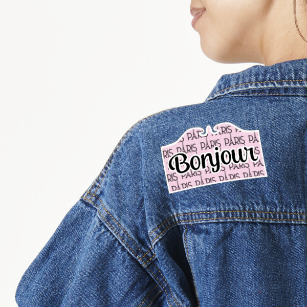 Custom Paris Bonjour and Eiffel Tower Twill Iron On Patch - Custom Shape (Personalized)