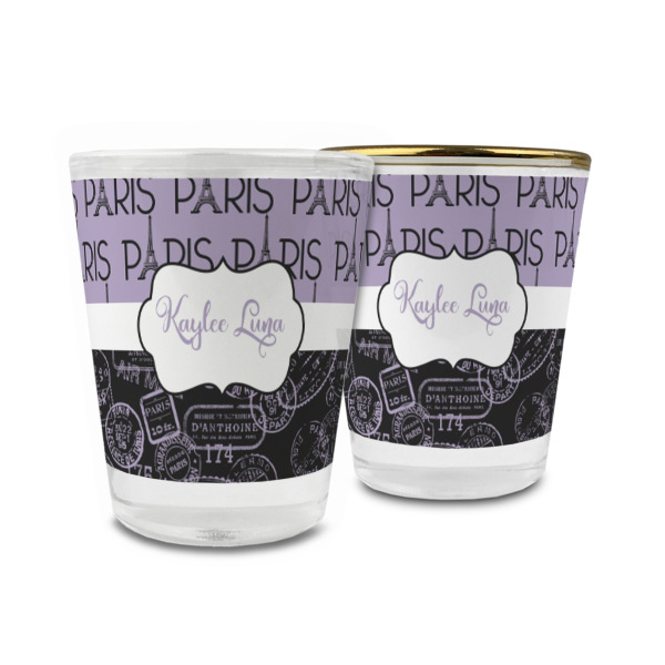 Custom Paris Bonjour and Eiffel Tower Glass Shot Glass - 1.5 oz (Personalized)