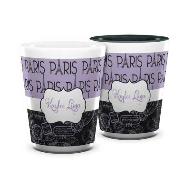 Custom Paris Bonjour and Eiffel Tower Ceramic Shot Glass - 1.5 oz (Personalized)