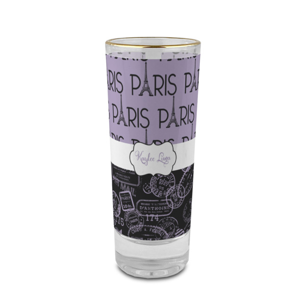 Custom Paris Bonjour and Eiffel Tower 2 oz Shot Glass - Glass with Gold Rim (Personalized)