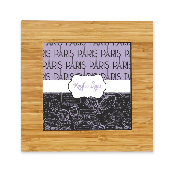 Custom Paris Bonjour and Eiffel Tower Bamboo Trivet with Ceramic Tile Insert (Personalized)