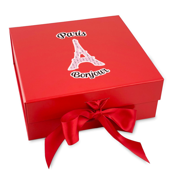 Custom Paris Bonjour and Eiffel Tower Gift Box with Magnetic Lid - Red (Personalized)