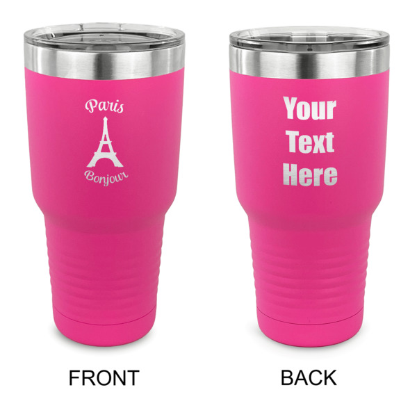 Custom Paris Bonjour and Eiffel Tower 30 oz Stainless Steel Tumbler - Pink - Double Sided (Personalized)