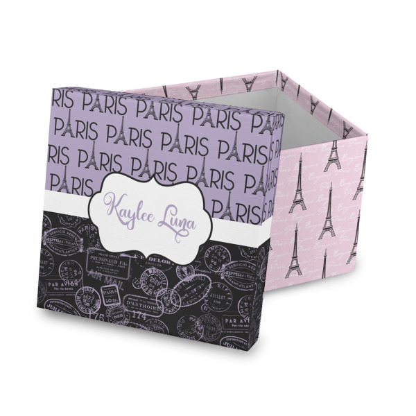 Custom Paris Bonjour and Eiffel Tower Gift Box with Lid - Canvas Wrapped (Personalized)