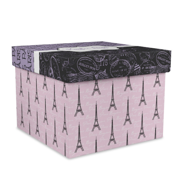 Custom Paris Bonjour and Eiffel Tower Gift Box with Lid - Canvas Wrapped - X-Large (Personalized)