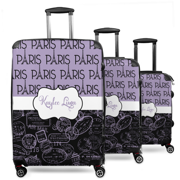 Custom Paris Bonjour and Eiffel Tower 3 Piece Luggage Set - 20" Carry On, 24" Medium Checked, 28" Large Checked (Personalized)