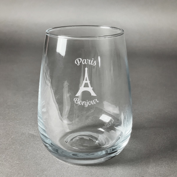 Custom Paris Bonjour and Eiffel Tower Stemless Wine Glass - Engraved (Personalized)