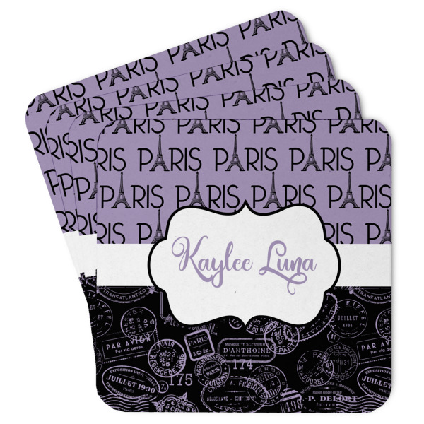 Custom Paris Bonjour and Eiffel Tower Paper Coasters w/ Name or Text