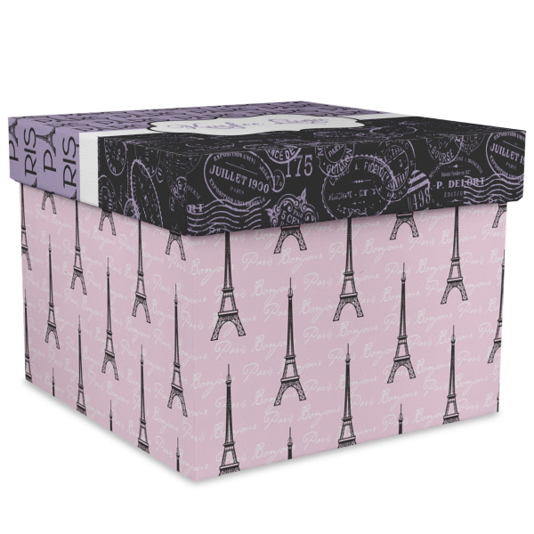 Custom Paris Bonjour and Eiffel Tower Gift Box with Lid - Canvas Wrapped - XX-Large (Personalized)