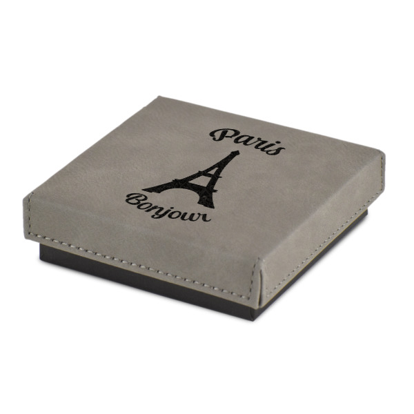 Custom Paris Bonjour and Eiffel Tower Jewelry Gift Box - Engraved Leather Lid (Personalized)