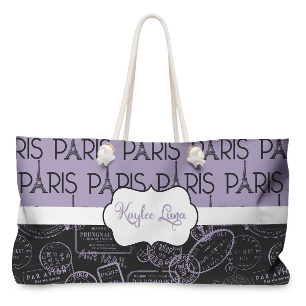 Custom Paris Bonjour and Eiffel Tower Large Tote Bag with Rope Handles (Personalized)