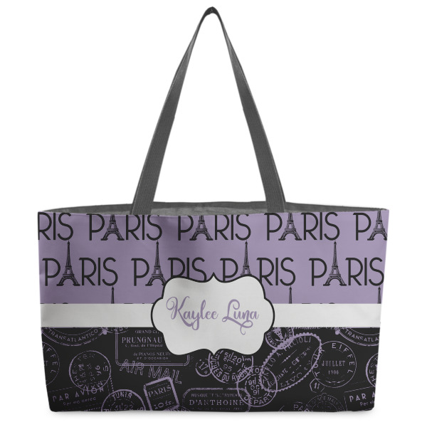 Custom Paris Bonjour and Eiffel Tower Beach Totes Bag - w/ Black Handles (Personalized)