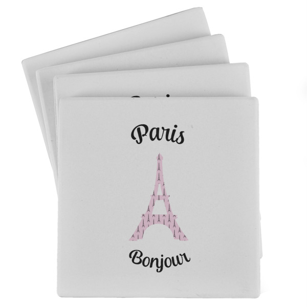 Custom Paris Bonjour and Eiffel Tower Absorbent Stone Coasters - Set of 4 (Personalized)