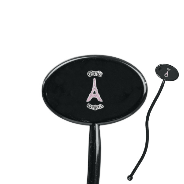 Custom Paris Bonjour and Eiffel Tower 7" Oval Plastic Stir Sticks - Black - Single Sided (Personalized)