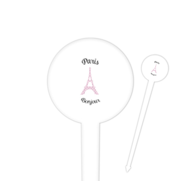 Custom Paris Bonjour and Eiffel Tower 4" Round Plastic Food Picks - White - Double Sided (Personalized)