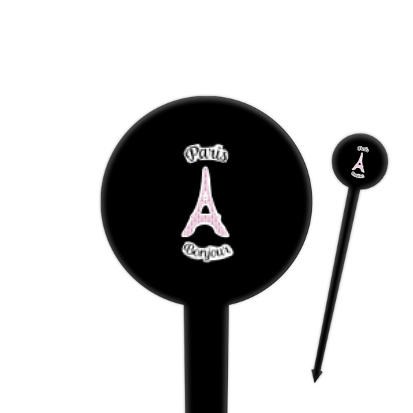 Custom Paris Bonjour and Eiffel Tower 4" Round Plastic Food Picks - Black - Single Sided (Personalized)