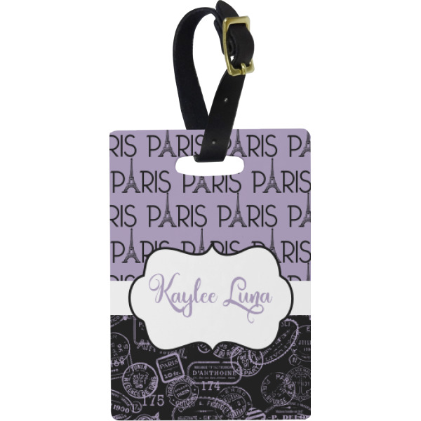 Custom Paris Bonjour and Eiffel Tower Plastic Luggage Tag - Rectangular w/ Name or Text